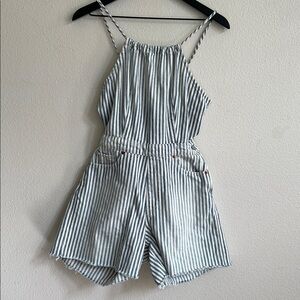 ETICA Strappy Halter Denim Romper Striped Distressed Blue/White Women's Size S
